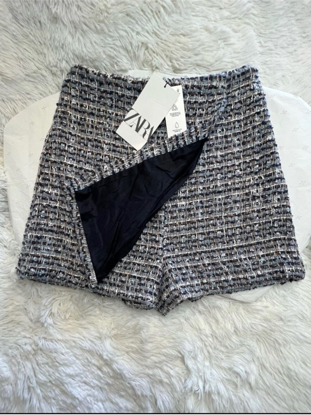 ZARA Textured Tweed Skort High Waisted Wrap Style Blue White Multicolor NWT S